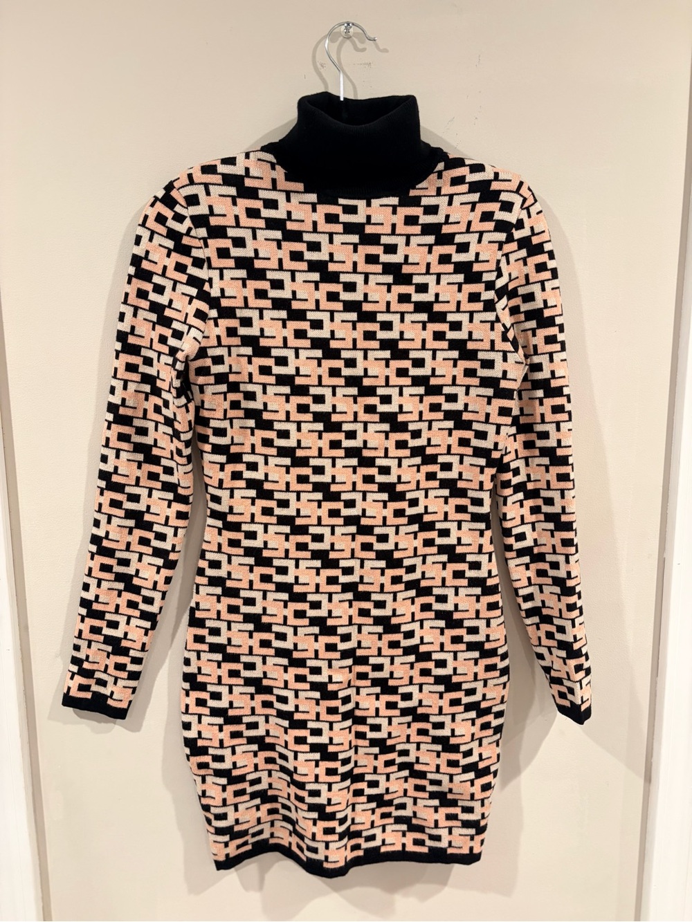 Elisabetta Franchi Black, White and Blush Logo Turtleneck Sweater Knitted Dress